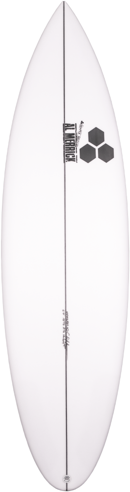 White surfboard with black branding on a white background